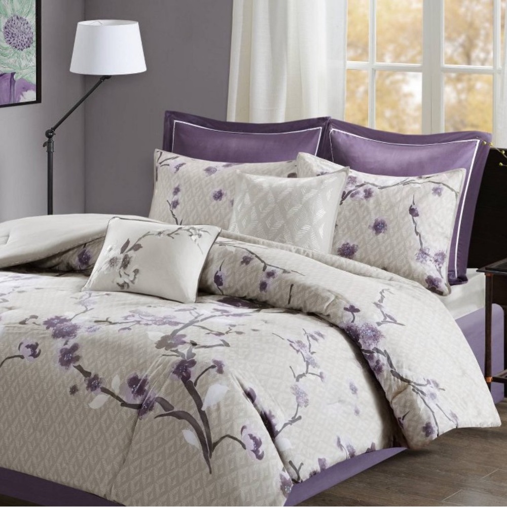 Madison Park Purple and Cream Floral Comforter Set Queen 8 piece set - Picture 6 of 10